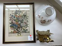 Framed print, glass lamp shade, brass holder overview