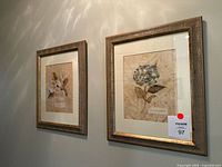 Two framed floral prints mounted on wall