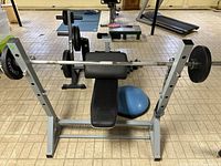 overall view of bench, barbell on rack with plates