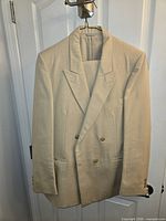 Beige pinstripe suit jacket front view