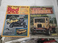 Rod Action and Street Rodder covers with yellow roadster and vintage truck