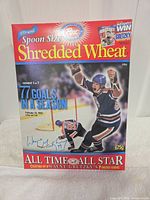 Front of 1999 Post Shredded Wheat box showing Wayne Gretzky 77 goals promotion