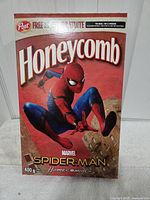 Front of 2019 Post Honeycomb Spider-Man Homecoming sealed cereal box