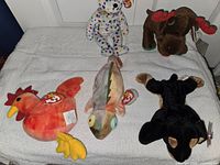 Five TY Beanie Babies displayed on towel: Trimmings moose, TY2K bear, Strut rooster, Iggy chameleon, Doby dog