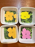 four square dip bowls with Warhol Flowers prints