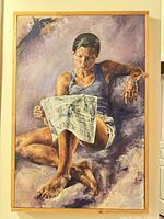 Full view of large framed acrylic portrait painting showing subject, colours and frame