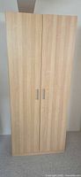 Front view of closed wardrobe showing light beech laminate and handles