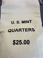 Front of canvas coin bag showing U.S. Mint Quarters $25.00 text