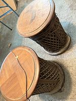 Top and side view of both drum end tables showing wood tops, rattan lattice bases and wiring
