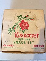 Original Rosecrest box showing brand, eight-piece snack set, dura-white, heat-proof, Federal Glass Company information