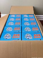 Open shipping carton showing ten blue retail boxes of Pool Ball Pro