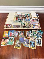 Tray with large assortment of baseball cards, various stacks, some sleeved
