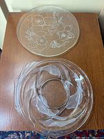 Both glass pieces: etched plate above, divided chip & dip tray below