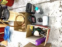 Overall lot showing fluid evacuator, coolant jugs, respirator and hardware box