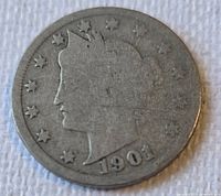 Obverse of 1901 Liberty Head nickel showing date and Liberty profile