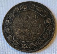 Reverse side of 1903 Canadian one cent coin showing denomination and date