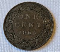 Reverse of 1905 Canadian one cent coin showing denomination and date