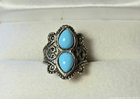 Front view of ornate silver-tone ring showing dual turquoise cabochon stones