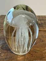 front view of glass paperweight showing internal jellyfish