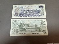 Front and back of $10 and $20 Bank of Canada notes displayed