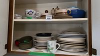 Cabinet shelves with assorted stoneware plates, bowls, mugs, shakers and lidded dish