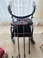 Front view showing Nexus walker, three canes and reacher