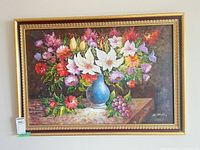 Front view of framed floral still life painting showing subject, frame and signature