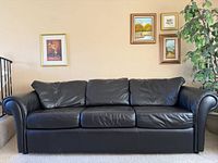 Full front view of black leather three-seat sofa