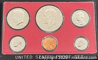 Front view of six-coin proof set in red holder
