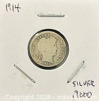 Obverse of 1914 Barber dime in holder