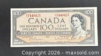 Obverse of 1954 Canada $100 banknote showing portrait, denomination and serial number