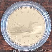 Reverse of 2000 Canadian 1-dollar proof coin in capsule showing loon and CANADA DOLLAR legend