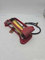 Full view of red cast iron foot pump with brass cylinder and hose