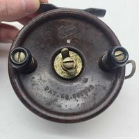 Back view of reel showing Ebro branding, patent number, twin handles and Bakelite material