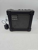 Front view of Roland Micro Cube amp with power adapter