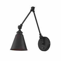 Overall view of Savoy House Morland adjustable wall sconce showing cone shade, articulating arm and round backplate