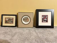Group shot of three framed prints standing side by side