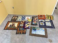 All quilted items laid out together for overview