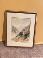 Full view of framed painting showing artwork, mat and frame