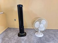 Full view of both fans standing on carpet