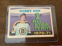 Front of Bobby Orr 1st All-Star Team O-Pee-Chee card in plastic holder