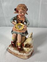 Front view of porcelain figurine showing girl, bowl, chickens, color details