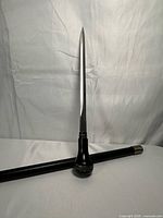 Cane disassembled showing exposed steel blade and shaft with handle