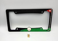 Front view of license plate frame and lapel pin