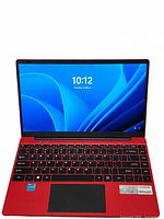 Front view of red 14.1" laptop with screen powered on