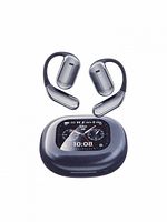 Earbuds and touchscreen charging case front view