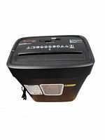 Top and front view of Bonsaii shredder showing feed slot, control icons, power cord, and bin window