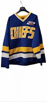 Full view of blue Chiefs hockey jersey on hanger