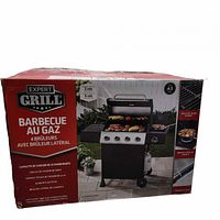 Retail box showing Expert Grill 4-burner gas barbecue with images of assembled unit and specifications