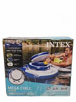 Retail box showing Intex Mega Chill floating inflatable cooler with image of product in use